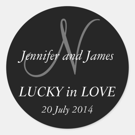 結婚式のためのモノグラムNステッカー黒 ラウンドシール (正面)