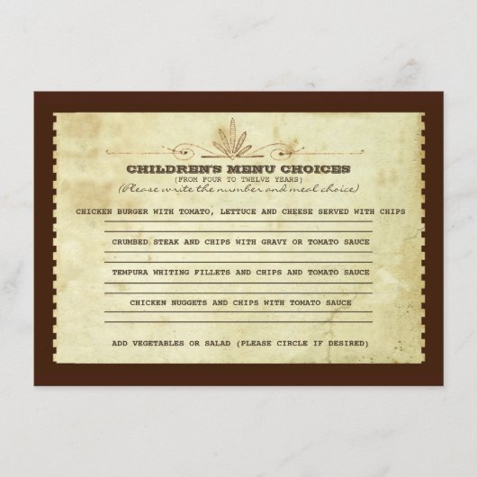 結婚式のためのヴィンテージの子供メニューの選択 メニュー (正面)