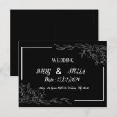 結婚式のための白黒の花柄デザイン 案内ポストカード (正面/裏面)