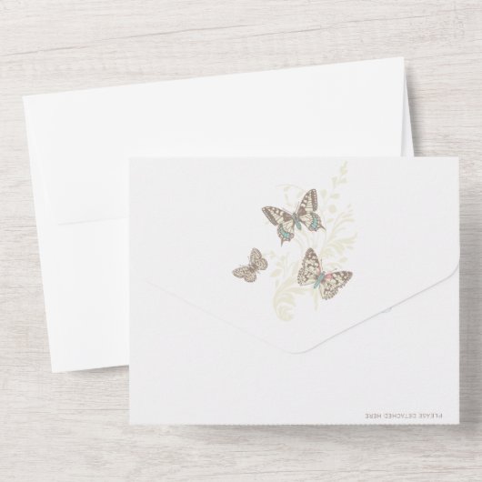 結婚式のアクアブラウン蝶の写真食事 RSVP オールインワン招待状 (裏面)