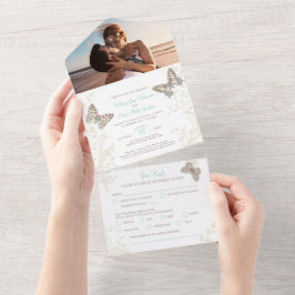 結婚式のアクアブラウン蝶の写真食事 RSVP オールインワン招待状
