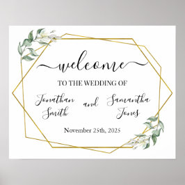 結婚式のウェルカムサイン 緑の葉飾り ゴールド 幾何学模様 ポスター