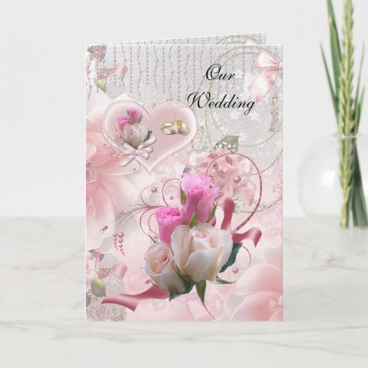 結婚式のカード ピンクの花 指輪 招待状 (正面)