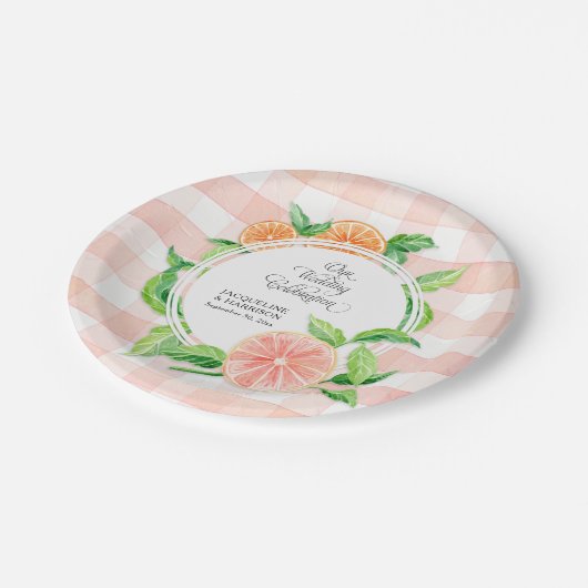 結婚式のギンガムの農場のピンクのストライプのな柑橘類のオレンジ ペーパープレート (アングル)