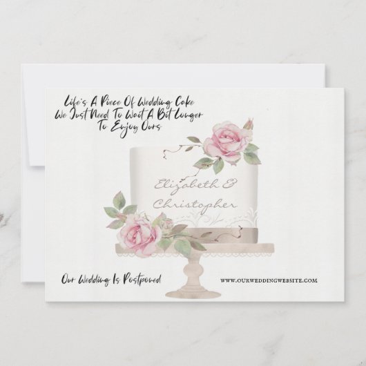 結婚式のケーキ ユーモアの計画変更 延期しました 案内状 (正面)
