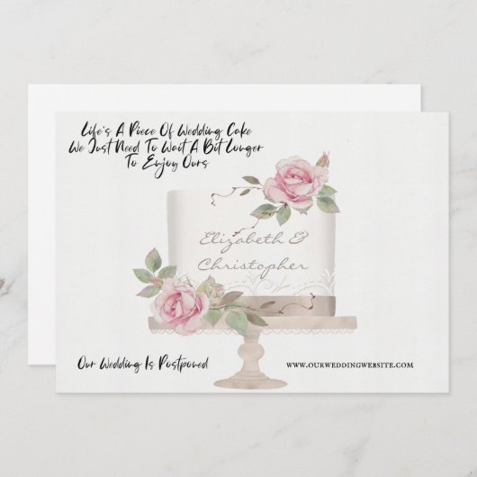 結婚式のケーキ　ユーモアの計画変更　延期しました 案内状 (正面/裏面)