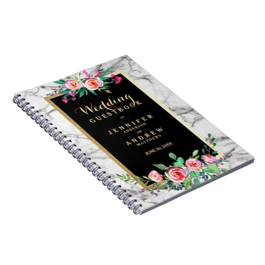 結婚式のゲストブックのシックな金ゴールドの大理石のピンクの花柄 ノートブック (右側)