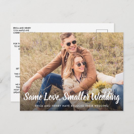 結婚式のゲストリストを縮小 愛は同じままの写真 案内ポストカード (正面/裏面)