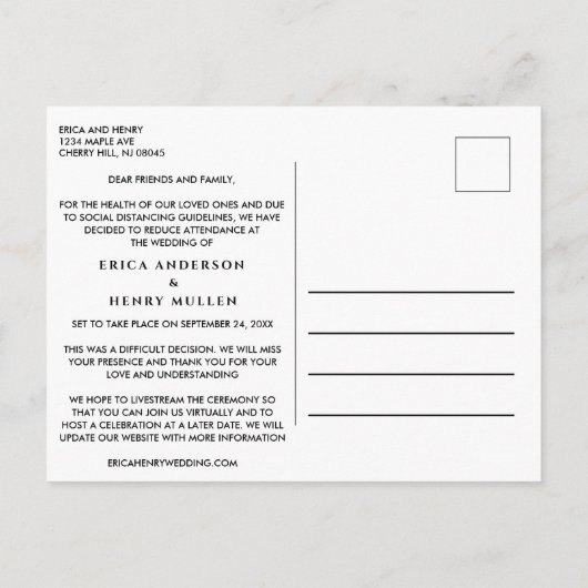 結婚式のゲストリストを縮小 愛は同じままの写真 案内ポストカード (裏面)