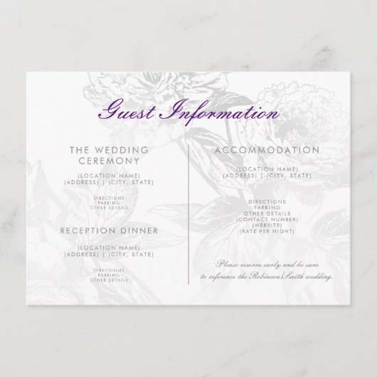 結婚式のゲスト情報花の銀製の紫色 エンクロージャーカード (正面)