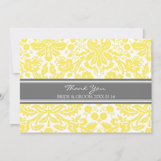 結婚式のサンキューカードレモン灰色のダマスク織 サンキューカード (正面)
