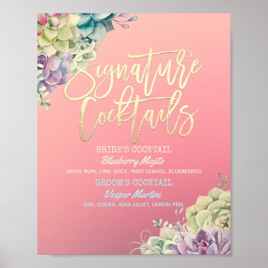 結婚式のシグネチャードリンクメニュー 水彩の多肉植物 ポスター (正面)