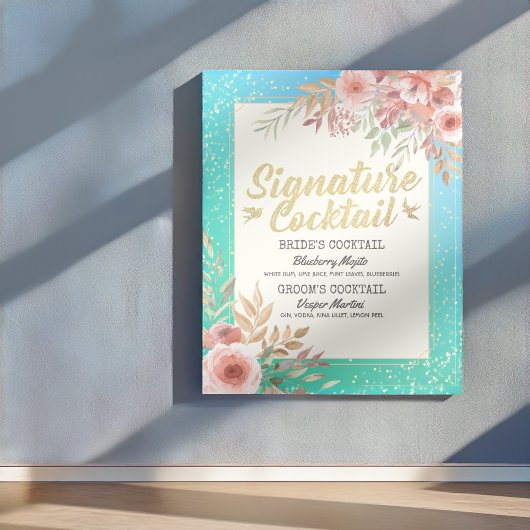 結婚式のシグネチャードリンク メニュー ピンク フラワーリスト ポスター