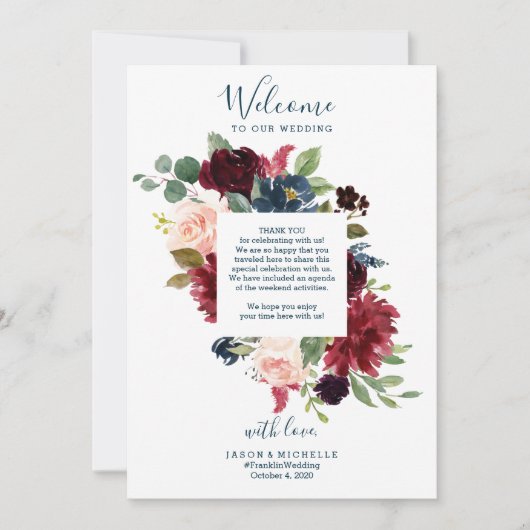 結婚式のスケジュール ホテル歓迎の手紙 - バーガンディ 招待状 (正面)