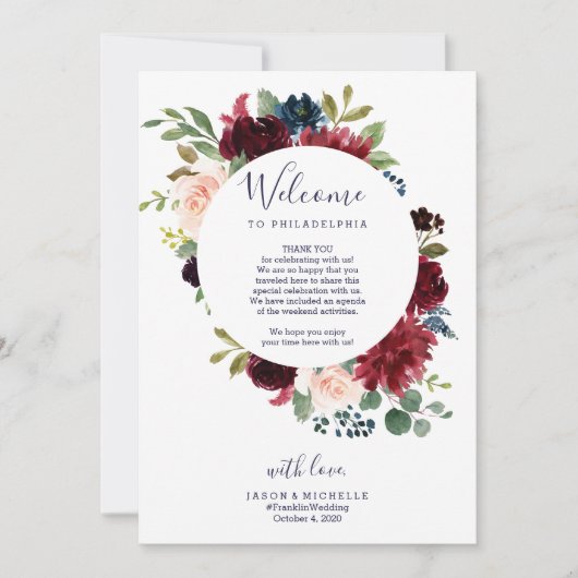 結婚式のスケジュール ホテル ウェルカムレター - バーガンディ 招待状 (正面)