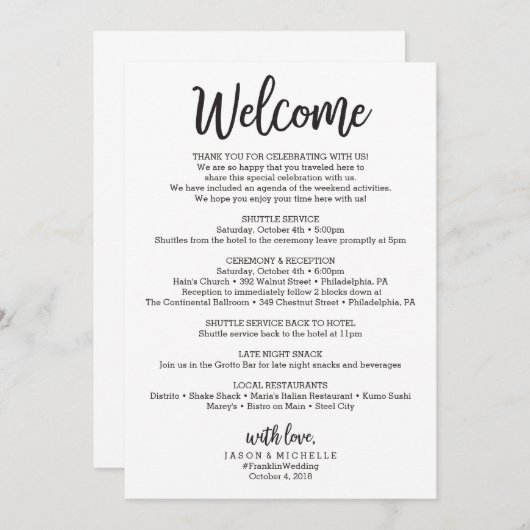 結婚式のスケジュール - 結婚式の歓迎の手紙 プログラム (正面/裏面)