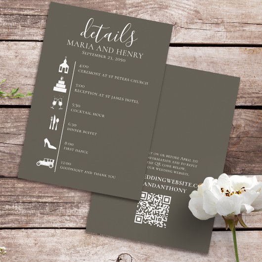 結婚式のタイムライン ブラウン グレー 詳細 QRコード 返信 エンクロージャーカード