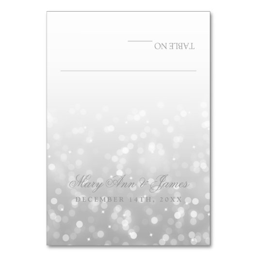 結婚式のテントのプレイスカードの銀製の《写真》ぼけ味の輝きライト テーブルナンバー (正面)