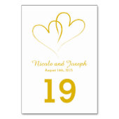 結婚式のテーブルカード-絡み合う2つの金ゴールドのハート テーブルナンバー (裏面)