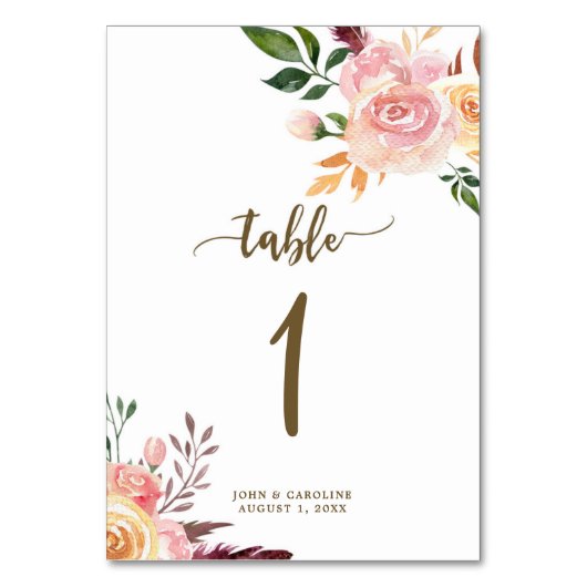 結婚式のテーブル数カードbohoの花柄 テーブルナンバー (正面)