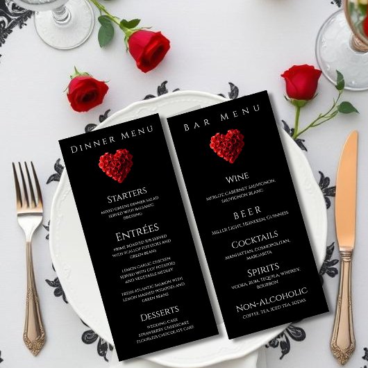 結婚式のディナー&バーメニュー - ハート型の赤いバラ メニュー