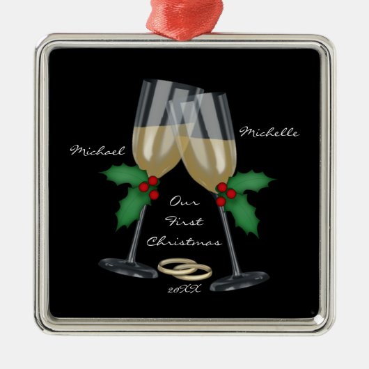 結婚式のトースト私達の初めてのクリスマスのオーナメント メタルオーナメント (正面)
