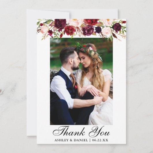 結婚式のバーガンディの花柄の写真 サンキューカード (正面)