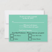 結婚式のピンクのサンディービーチの淡い青緑色のRSVP 出欠カード (裏面)