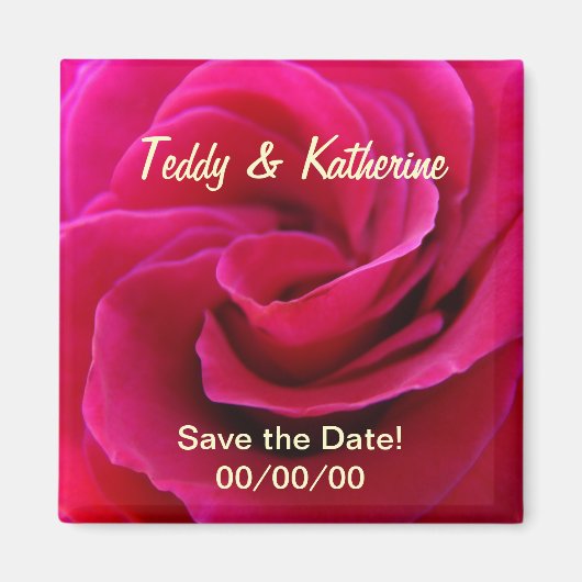 結婚式のピンクのバラの引出物用「Save the Date」マグネット マグネット (正面)