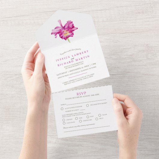 結婚式のピンクの蘭の花の水彩食事RSVP オールインワン招待状 (貼ってはがせる)