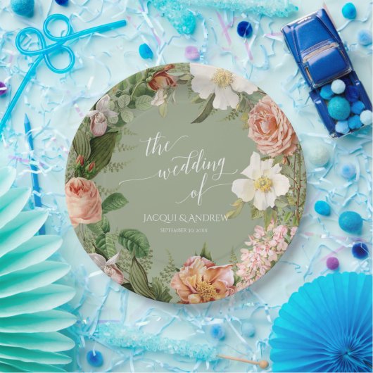 結婚式のブライダルシャワーの賢明な赤面のシダのバラのリース ペーパープレート (パーティー)