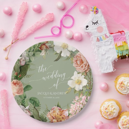 結婚式のブライダルシャワーの賢明な赤面のシダのバラのリース ペーパープレート (パーティー)