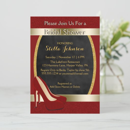 結婚式のブライダルシャワー|の上品の金ゴールドの赤のハイヒール 招待状 (スタンド正面)