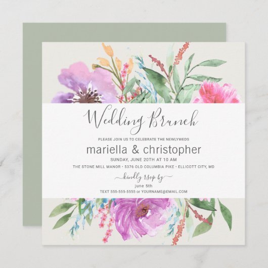 結婚式のブランチの水彩画の咲く庭-正方形 招待状 (正面/裏面)