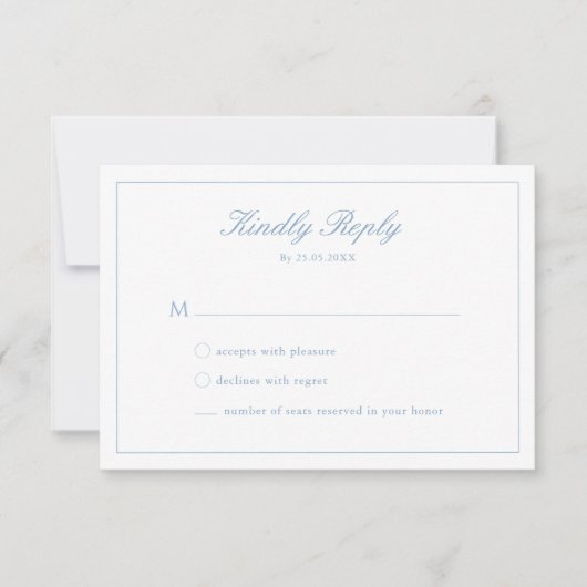 結婚式のブルー スクリプト クレスト モノグラム RSVP カード (正面)