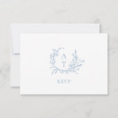 結婚式のブルー スクリプト クレスト モノグラム RSVP カード (裏面)