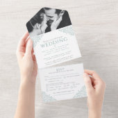 結婚式のミュートグリーンとホワイトの葉の写真と食事の返信 オールインワン招待状 (貼ってはがせる)