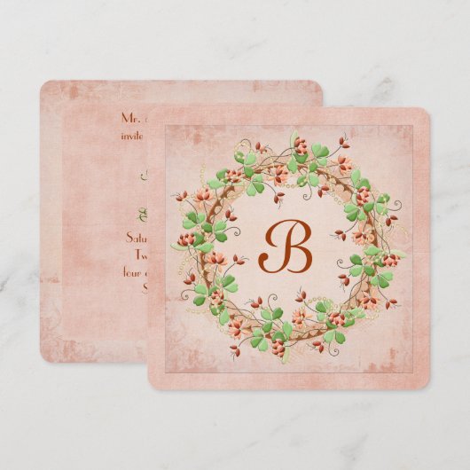 結婚式のモノグラム付き花輪 招待状 (正面/裏面)