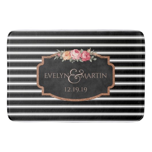 結婚式のモノグラム|のエレガントな黒のストライプのBathの装飾 バスマット (正面)