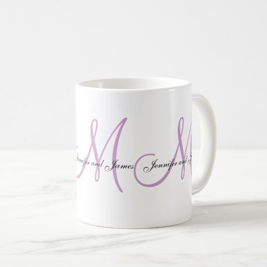 結婚式のモノグラムB及び名前の薄紫の白い好意のマグ コーヒーマグカップ (正面右)