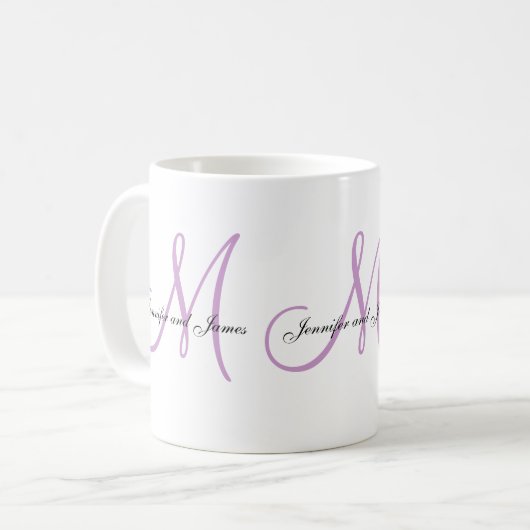 結婚式のモノグラムB及び名前の薄紫の白い好意のマグ コーヒーマグカップ (正面左)