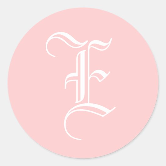 結婚式のモノグラムEのステッカーの古い英国のスタイルのピンク ラウンドシール (正面)