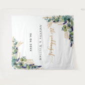 結婚式のユーカリグリーンゴールドモノグラム タペストリー (正面(横))