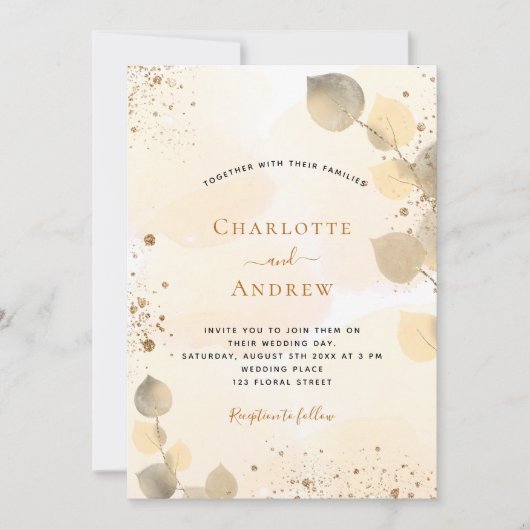 結婚式のユーカリ ゴールド ボタニカル 葉 招待状 (正面)