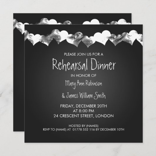 結婚式のリハーサルの夕食のグランジなハートの黒 招待状 (正面/裏面)