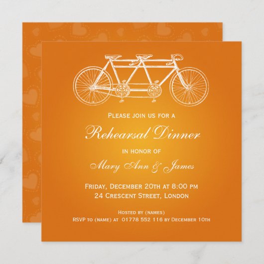 結婚式のリハーサルの夕食のタンデムバイクのオレンジ 招待状 (正面/裏面)