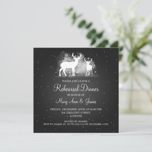 結婚式のリハーサルの夕食の冬のシカの輝きの黒 招待状 (スタンド正面)