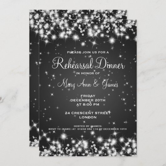 結婚式のリハーサルの夕食の冬の輝きの黒 招待状 (正面/裏面)