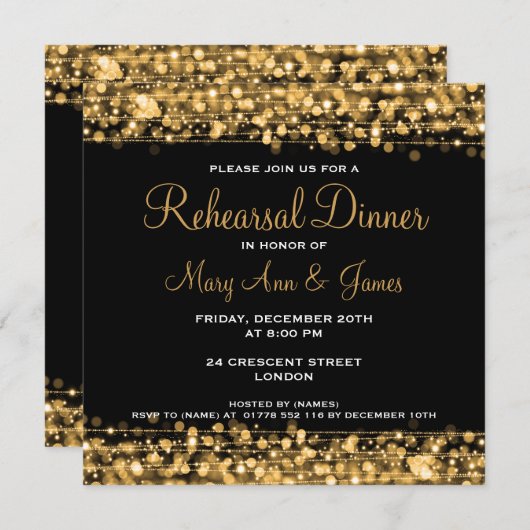 結婚式のリハーサルの夕食の輝きの金ゴールド 招待状 (正面/裏面)