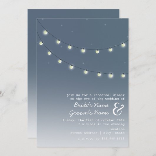 結婚式のリハーサルの夕食を均等にする電球 招待状 (正面/裏面)